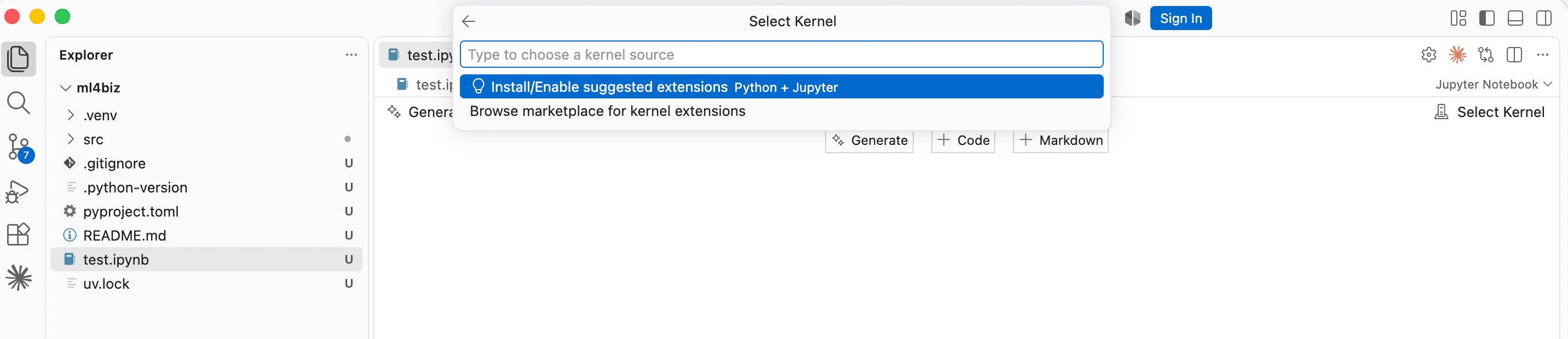 Install/Enable suggested extensions Python + Jupyter