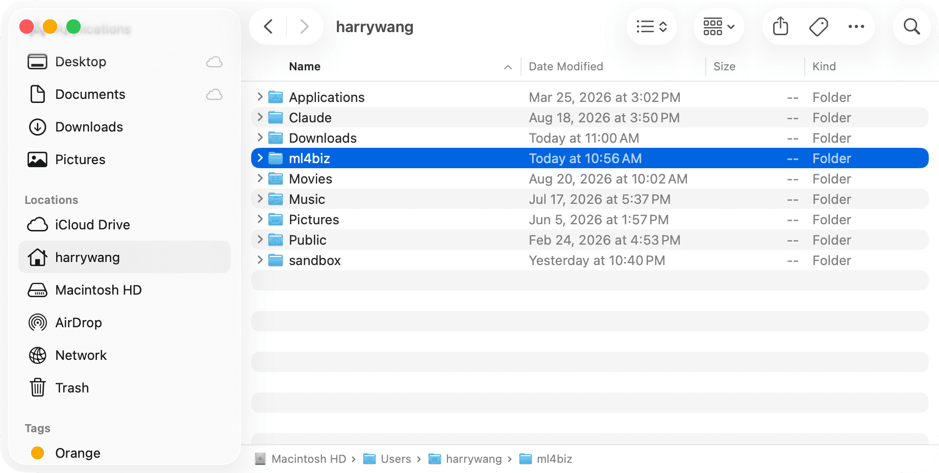 ml4biz folder in Finder